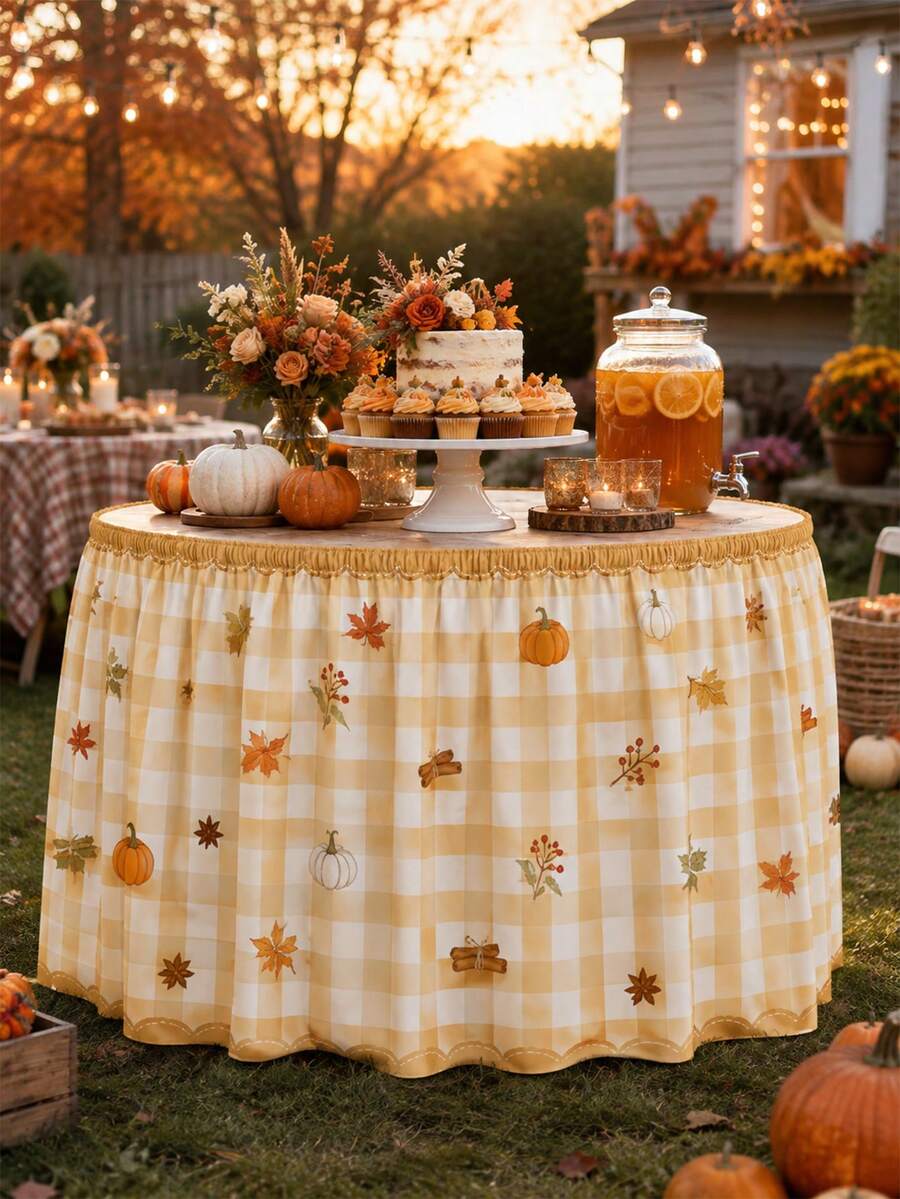 Yellow Plaid Autumn Harvest Plant Tablecloth, Soft Polyester Rectangular Decorative Tablecloth With Autumn Maple Leaves, Pumpkins And Other Patterns, Kitchen Decor, Suitable For Thanksgiving And Autumn Home Decoration - Multicolor - View 1