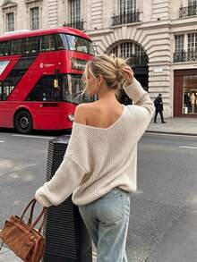 Women's Autumn/Winter New Fashion Vintage Minimalist V-Neck Lazy Daily Home Wear Outwear Knit Sweater, Fall, Winter, Y2k, Vacation, White, Casual Blouse For Women, Tops For Going Out, Vintage, Back To School, Basic Tops - Apricot - View 3