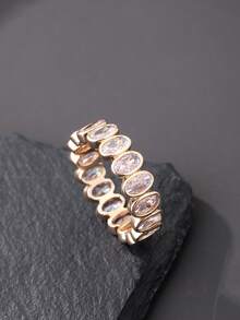 1pc Oval Cubic Zirconia Women's Ring, Copper Plated Gold Material, Suitable For Daily Wear And Evening Parties - Oval Ring - View 7