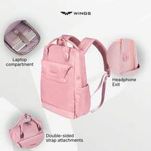 W WINGS Compact Cabin Backpack With 14" Laptop Pocket | Everyday City Bag With USB Port, A4 Space And Luggage Strap - Pink - View 7