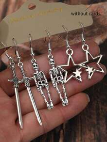 6pcs Vintage Gothic Dark Style Bat, Black Cat, Moon, Star, Skull Cat, Cross, Skull, Coffin Board Black Earrings Hoop Earrings Women Earrings Set (Card Not Included) - Multicolor - View 8