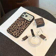 5 piezas Funda de teléfono con estampado de leopardo negro y textura + Cubierta de cargador + Protector de cable + Cuerda de almacenamiento TPU Carcasa protectora anti-caídas para teléfono Apple - Multicolor - Ver 4