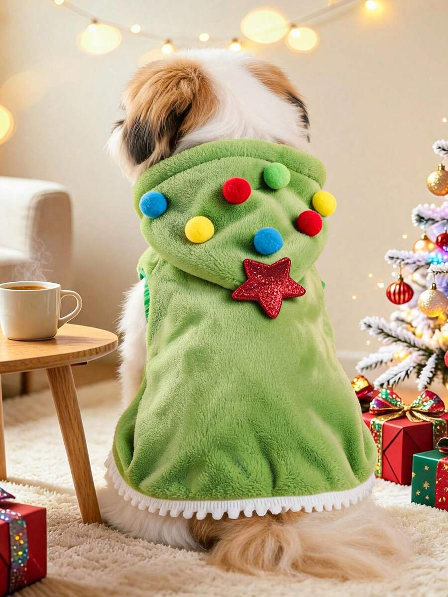 PETCIRCLE 1PC Pet Clothes Autumn/Winter New Small Dog Puppy Cat Cute Style Holiday Atmosphere Plush Christmas Cape - Christmas Tree - Green - View 1