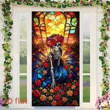 1 Stück dekorative Flagge mit bemalter Fenster-Blumen-Totenkopf-Dame – Gothic-Stil-Flagge für das Nekromantie-Festival in Kirchen, schöne Wandtextil-Flagge für Halloween-Shops, geeignet als Dekoration für Nekromantie-Festival-Partys und als Fotorequisite - A - Übersicht 6