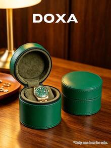 DOXA 綠色圓形拉鍊硬殼單隻手錶收納盒，便攜旅行手錶保護盒，適合商務出差與送禮，僅空盒 - 綠色 - 查看 1