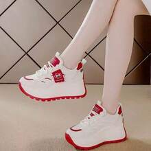 Zapatillas blancas de superficie de piel, nuevo modelo bicolor con plataforma elevada, calzado casual deportivo de suela gruesa, antideslizante para uso diario‑laboral - Rojo - Ver 3
