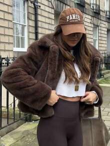 Women's French Vintage Lapel Short Plush Coat, High-End Texture Fluffy Long Fur Long Sleeve With Pockets Warm Overcoat Winter - Brown - View 4