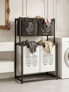 2 Tier Divided Laundry Hamper For Bathroom Space Saving Large Capacity Laundry Basket With 4 Removable Waterproof Bags And Sturdy Frame For Efficient Clothes Sorting Suitable For Balconies, Dormitories, And Laundry Rooms.(Black) - 黑與白 - 查看 2