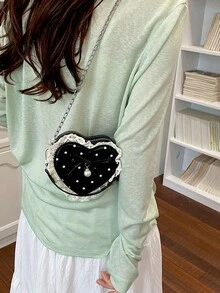 時尚百搭紋理純色新款PU皮革斜挎包 休閒極簡心形小方包 女款 - 黑色 - 查看 2