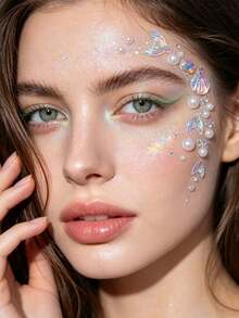 2pcs Mermaid Ocean Theme Face Gem Stickers, Iridescent Shell Fish Tail Rhinestone Pearl Face Decals, Self-Adhesive Face & Body Decoration, Suitable For Music Festival, Cosplay, Party,Halloween Costume - Multicolor - View 3