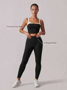 Sodalemon Women's Colorblock Gym Set, Removable Padded V-Neck Seamless Front Yoga Leggings And Workout Tank Top, 2-Piece Set For Running And Fitness - Black - View 3