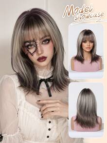 Topshe Women's Medium-Long Straight Layered Cut Air Bangs Synthetic Wig, Grey Gradient Chestnut Brown Heat-Resistant Wig, Suitable For Halloween Gothic Costume, Theme Party, Carnival, Daily Life, Work And Dating - Multicolor - View 12