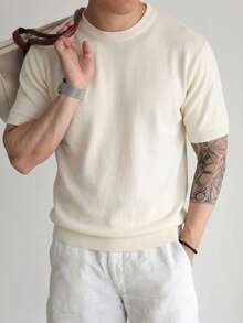 Men's Neutral Round Neck Knitted Top Casual Commute Solid Color Round Neck Short Sleeve Loose Fit Pullover T-Shirt Spring Summer - Beige - View 2
