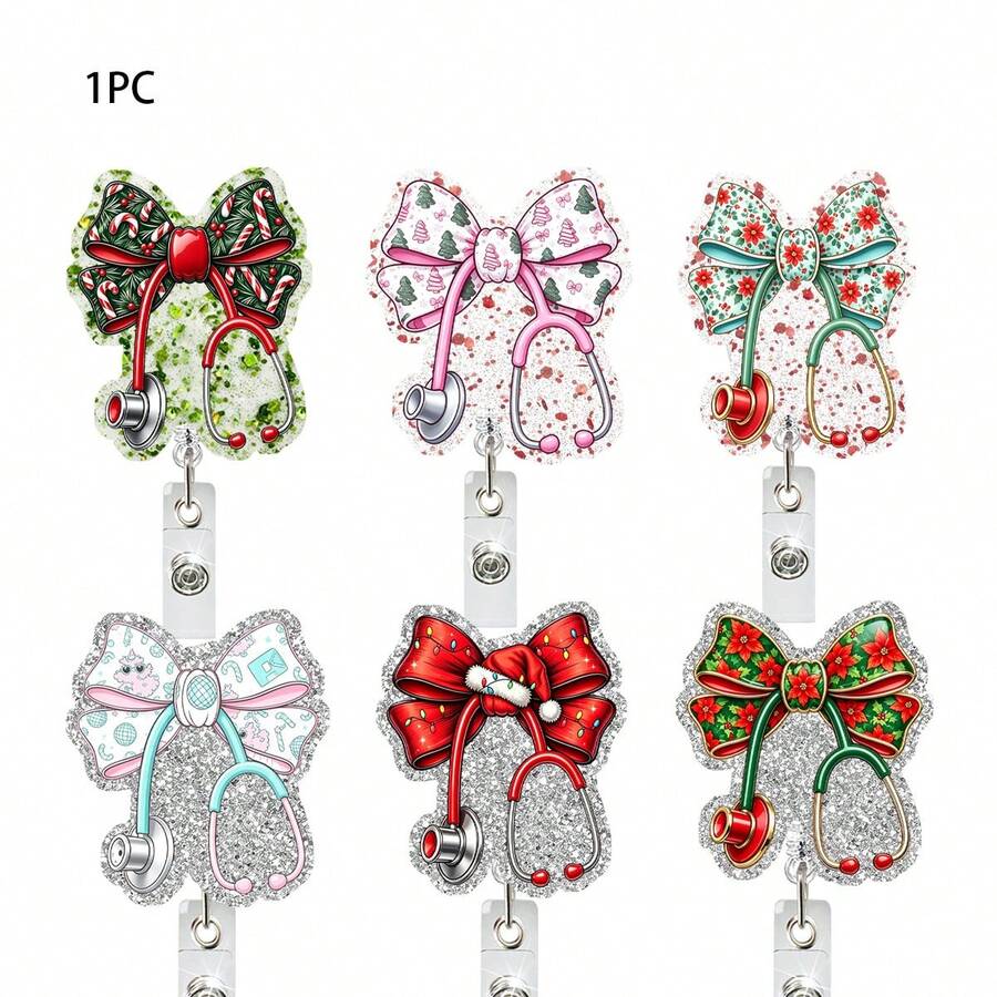 1 cái kẹp thẻ đeo rút hình nơ Giáng Sinh dễ thương cho bác sĩ y tá, kèm kẹp cá sấu và ống nghe - Nhiều màu - Xem 1