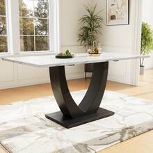 140 X 75.5cm Dining Table, (1 Piece), Modern Kitchen Table, Metal Frame Rectangular Dining Table Made Of Modern Marble Pattern Kitchen Table With Adjustable Feet For Dining Room Living Room, White/Black, 140 X 75 X 75.5 Cm - Black - View 8