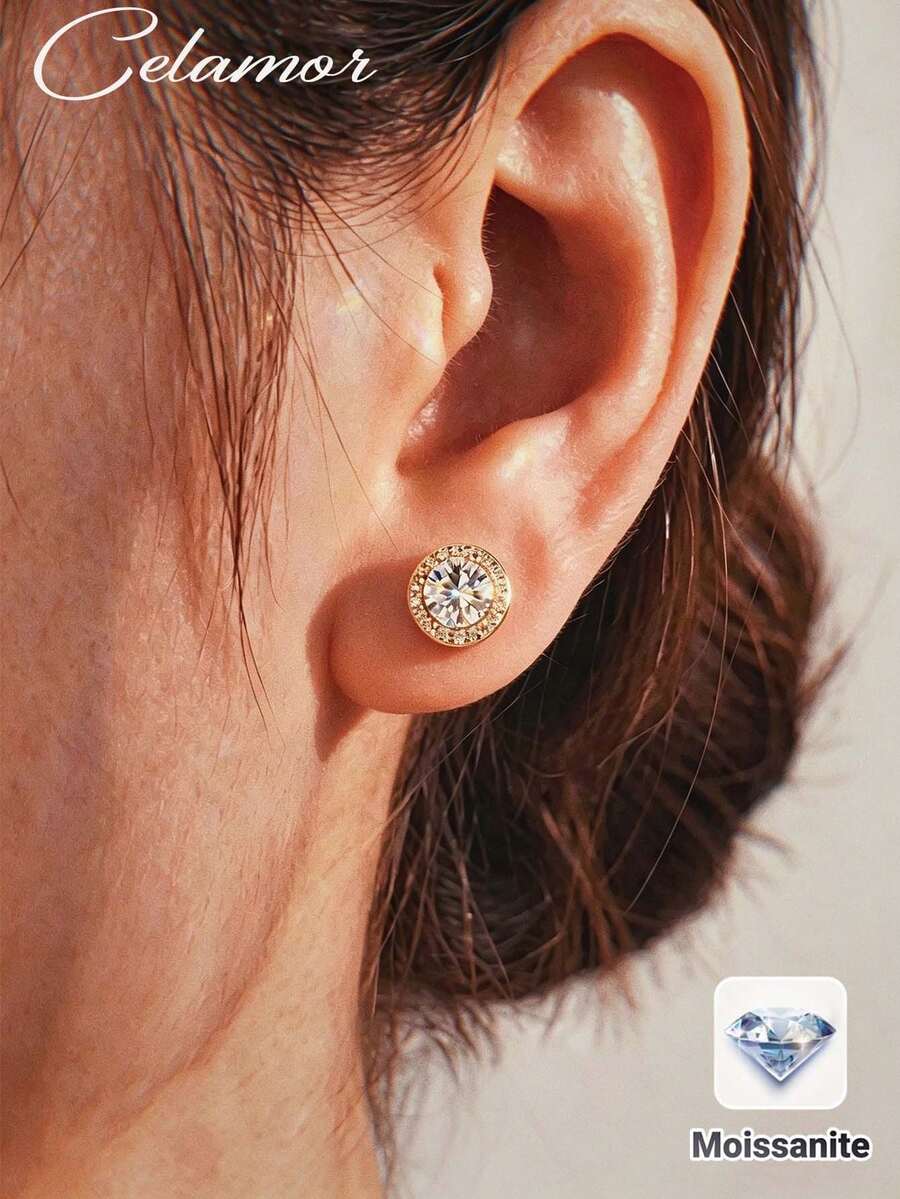 S925 Sterling Silver 1CT Moissanite Stud Earrings, Unisex Design Suitable For Daily, Business, Wedding, Vacation, Graduation, Birthday, Party Occasions - Gold - View 1