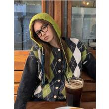 New Autumn/Winter Women's Casual Minimalist Retro Diamond Plaid Design Cardigan Sweater - Black - View 1