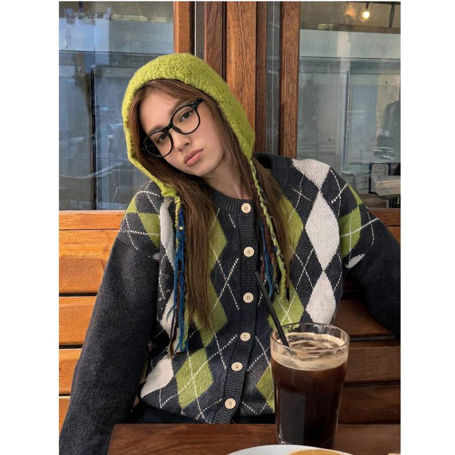 New Autumn/Winter Women's Casual Minimalist Retro Diamond Plaid Design Cardigan Sweater - Black - View 1