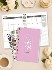 Trees July 2026–June 2028 24-Month Planner, 8.1 * 5.9 Inch A5 Black Spiral Monthly Calendar Notebook With Gold Coil And 3 Sticker Sheets For Desk Accessories Office Back To School Supplies - Pink - View 3