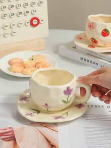 1pc Ins Style Ceramic Coffee Cup And Saucer, Cute Hand-Painted Tulip Pattern, Suitable For Home, Office, Cafe Use, Great Gift Choice - Multicolor - View 3