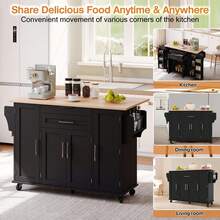Rolling Kitchen Island Cart With Fold‑Out Extension Tabletop, 2 Drawers & Multi‑Cabinet Storage With Adjustable Shelves & Door Racks, Mobile Kitchen Trolley With Towel Rack & Spice Rack For Kitchen Dining Room - Black - View 7