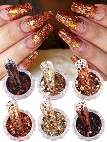 6pcs/Pack Shiny Autumn Hexagon Nail Glitter, Red Brown Gold Bronze Metallic Hexagon Nail Glitter, Suitable For Thanksgiving Wedding Holiday Nail Decoration - Multicolor - View 1