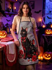 4pcs Gothic Halloween Kitchen Apron, Black Cat Red Rose Pearl Chain Print Adjustable Anti‑Oil Cooking Bib Apron, Vintage Dark Romantic Home Baking Party Decor Holiday Gift - Multicolor - View 15