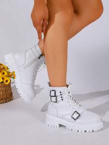 Women's White Buckle Decor Ankle Boots, Lace-Up Thick Sole Work Boots - White - View 5
