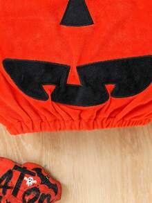 2pcs/Kids/Halloween/Pumpkin/Sleeveless Funny Ghost Face Embroidered Pumpkin Top Set - Orange - View 4