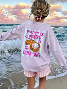Tween Girls Cute Bamboo Steamer Rainbow Dumpling Graphic Long Sleeve Tee, Soft Crew Neck Top For Holiday & Everyday Wear - Mauve Purple - View 1