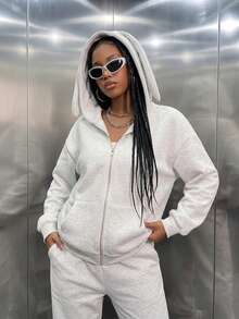 Women's Casual Fleece Rabbit Ear Oversized Zip-Up Hoodie With Pockets, Suitable For Autumn/Winter Daily Wear, Autumn/Winter Clothing, Autumn/Winter Outfit, Cute, Outdoor - Light Grey - View 5