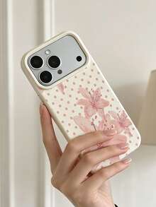 Ins Sweet Style Watercolor Pink Lily Polka Dot Print Cream Leather Phone Case, Compatible With Apple 17/16/11/12/13/14/15/15Pro/15Plus/15ProMax/7Plus/8Plus/X/Xr/11Pro/12Pro/13Pro/14Pro/12Mini/13Mini/11ProMax/12ProMax/13ProMax/14ProMax/14Plus/7/8/16Pro/16Plus/16ProMax/17Pro/17e/17ProMax & Galaxy S20FE/S21FE/S22/S22UITRA/S25/S25FE/S26/S26Uitra/A05s/A06/A07/A14/A17/A25/A26/A34/A35/A36/A53/A54/A55/A56/A57 - Multicolor - View 2