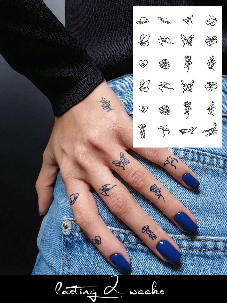 Herbal Juice Semi-Permanent Tattoo Sticker Rose Butterfly Marine Life Planet Plant Pattern 14 Days No Fading Music Festival Party Gift Finger Body Temporary Tattoo Sticker 1pc/Pack - Blue - View 1