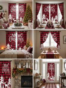 2pcs/Set Christmas Decoration, Elegant Red & Black Plaid Christmas Tree & Reindeer Print Semi-Sheer Curtains, Christmas Curtains, Christmas Door Curtains, Bedroom & Living Room Holiday Decor Curtains, Home Decor, 2026 Merry Christmas Decoration, Christmas Decoration, Winter Decoration, Christmas Gift, Christmas Decor, 2027 Happy New Year Decoration - Christmas Red Plaid Reindeer - View 8