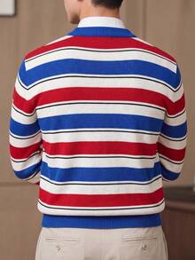 Men's Wide Striped Crew Neck Colorblock Knit Pullover, Vintage Nautical Style Casual Sweater - Blue - View 5