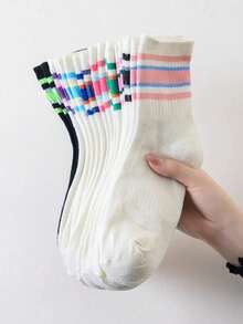5/10 Pairs Women's Random Striped Breathable Comfortable All-Season Street Casual Fashion Mid-Calf Socks - Multicolor - View 3
