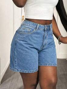 Women's Solid Color Bermuda Denim Shorts Casual Summer - Medium Wash - View 7