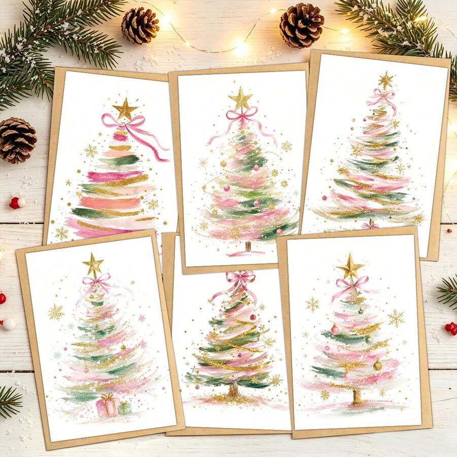 6pcs Watercolor Christmas Tree Greeting Cards With Envelopes - Holiday Blessing Cards For Friends And Family, Elegant Christmas Tree Blank Note Cards, Festive Season Celebration Cards, Christmas Gifts - A - View 1