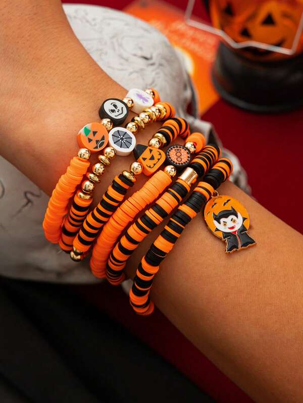 6pcs Halloween Elastic Soft Clay Bracelet Set, High Elasticity String For Comfortable Wear Without Tightness, Available In Solid Orange Beads And Black-Orange Striped Beads Basic Styles, Decorated With Pumpkin, Spider, Skull, Vampire Cartoon Charms, Playful And Quirky Style, Can Be Worn Individually Or Layered, Suitable For Daily Wear, Halloween Party, And Gifts For Friends