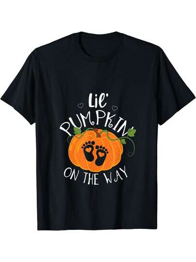 تي شيرت كاجوال برقبة دائرية للأزواج بتصميم مضحك لعيد الهالوين وإعلان حمل "Little Pumpkin"