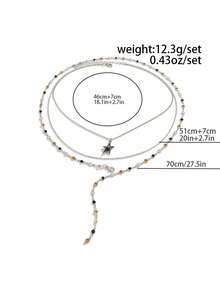 2pcs/Set Fashionable Personalized Multi-Layer Stackable Star Y-Shaped Necklace For Men, Vintage Silver Contrast Color Oil Drop Bead Chain, Niche Personalized Collarbone Chain Accessory - White K - View 8