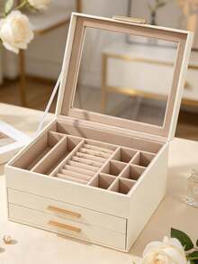 3-Layer Glass Large Capacity Jewelry Box With Lock, Desktop Drawer Jewelry Organizer, Vanity Accessory Storage Box, Women's Jewelry Gift Box, Ring, Necklace, Bracelet And Earring Storage Container - Multicolor - View 6