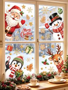 48pcs/4 Sheets Large Christmas Window Stickers, Christmas Snowman, Santa Claus, Reindeer, Snowflake, Tree, Suitable For Holiday Party Home Office Classroom Window Sticker Decoration, Winter Silhouette Indoor Glass Decor - Multicolor - View 1