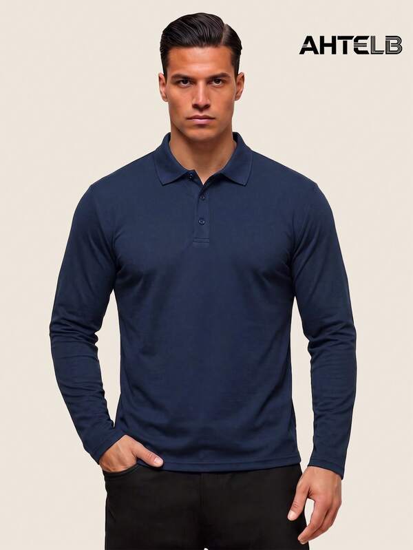 AHTELB Men's Spring/Autumn Long Sleeve Polo Shirt With Turn-Down Collar, 3-Button Placket, Comfortable Soft Breathable Fabric Sports