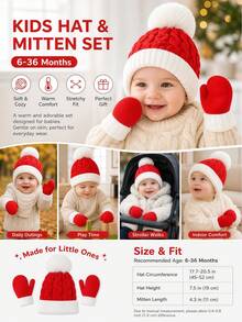 3PCS 6-36M Christmas Knitted Hat, Autumn/Winter Warm Pom Pom Hat, Gloves Set, Children's Knitted Hat And Gloves - 3PCS - View 5