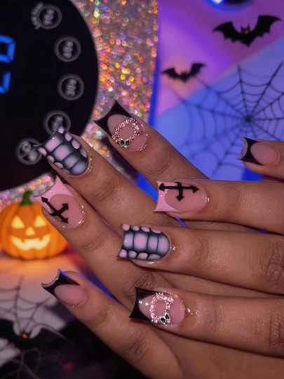 24pieces Press On Nails, Short Square Fake Nails, Halloween Nude French Press On Nails With Cross, Snake Print & Rhinestone Bow Design, Natural Look False Nails, Nail Supplies, Complete Set With Jelly Glue And Nail File For Ladies