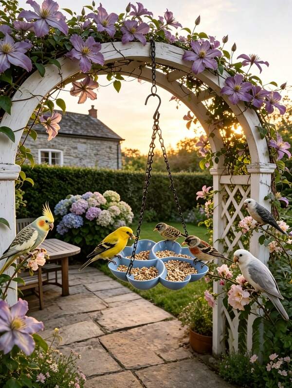 1pc Hanging Bird Feeder, Blue Clover Shaped, Outdoor Yard Wild Bird Feeding Tray, Universal Water And Food Dispenser For Pet Parrots, With Chain, Easy To Clean, Simple Hanging Bird Feeder For Bird Watching Paradise, Multifunctional Dual-Use Bird Feeder