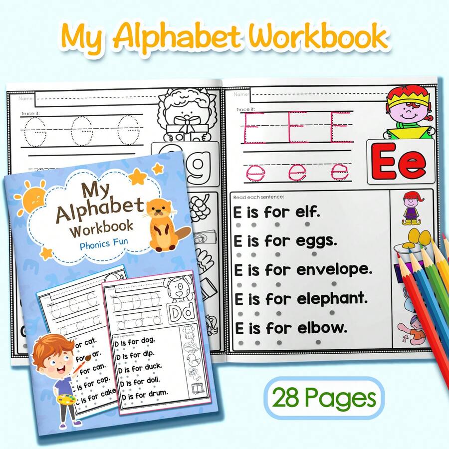 My Letter Practice Book Phonics Fun, 28 Pages Of Letter Tracing Exercises, With Word Examples Like E For Elf, D For Dog, Educational Game Activities, Early Learning Book, Perfect Gift For Home, School And Travel