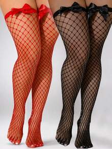 1/2 Pairs Women's Fishnet Thigh High Socks, Red & Black Color Over-The-Knee Socks With Satin Bow, Sexy Fishnet Stockings, Suitable For Valentine's Day, Party And Date Night - Multicolor - View 16