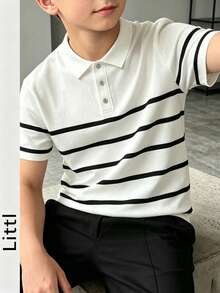 Big Kids Classic Colorblock Striped Knit Polo Shirt, Breathable Lightweight Casual Knit Top - White - View 2